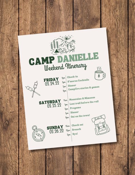 Get ready for an unforgettable adventure with this Camp-Themed Bachelorette Weekend Itinerary! This 8.5x11 editable and downloadable template is the perfect way to keep your bachelorette weekend organized and on track, all while adding a rustic, outdoor vibe to your celebration. 📋 What's Included: Camp-Themed Itinerary Template: A beautifully designed itinerary template that you can customize with all your weekend activities, from hikes and campfire games to cocktail hours. ✨ Why You'll Love It: Editable in Canva: Easily customize the text to fit your bachelorette party plans. No design skills required--just input your schedule, and you're ready to go! Instant Download: Access your template immediately after purchase and start planning your weekend right away. Perfect Size: This 8.5x11 fi Camp Bachelorette Party Itinerary, Big Bear Bachelorette Weekend, Cabin Crew Before I Do, Camp Bachelorette Itinerary, Planning Bachelorette Party, Camping Bachelorette Party Games, Camp Bridal Shower Theme, Camp Activities For Adults, Camp Bachelorette Activities