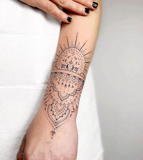 57 Soul-inspiring Mandala Tattoos with Meaning - Our Mindful Life Simple Mandala Tattoo, Half Mandala Tattoo, Mandala Thigh Tattoo, Mandala Tattoos For Women, Mandala Wrist Tattoo, Small Mandala Tattoo, Mandala Hand Tattoos, Mandala Tattoo Sleeve, Cuff Tattoo