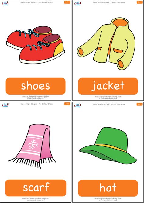 Put On Your Shoes Flashcards | Super Simple Clothes Flashcards Free Printable, Clothes Kindergarten, English Preschool, Free Flashcards, Materi Bahasa Inggris, Simple Songs, Classroom Songs, Super Simple Songs, Physical Activities For Kids