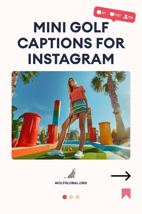 Promotional image for mini golf Instagram captions with a woman playing golf.
Promotional image with playful golf-related captions and a call-to-action button for more content.
A woman with a laptop, surrounded by social media icons, advertising an Instagram engagement pod. Mini Golf Captions For Instagram, Mini Golf Aesthetic, Golf Aesthetics, Mini Golf Games, Captions For Couples, Insta Famous, Golf Outing, Mini Golf Course, Miniature Golf