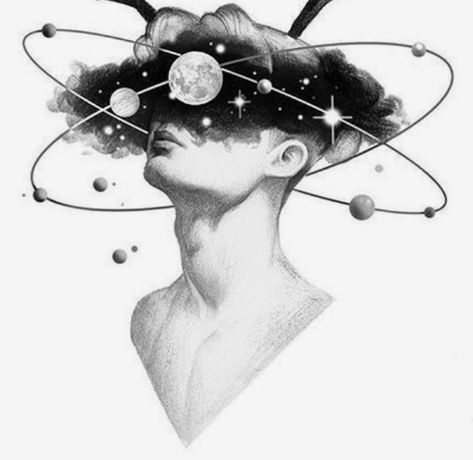 Galaxy Head Tattoo, Polaris Tattoo, Brain Tattoo, Planet Drawing, Statue Tattoo, Planet Tattoos, Galaxy Tattoo, Wrist Tattoos For Guys, Fantasy Tattoos