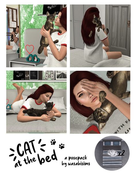 Sims 4 Cat Poses, Poses With Cat, Sims 4 Beds, Sims Poses, Ts4 Poses, Cat Poses, 4 Poses, Dog Poses, Female Clothes