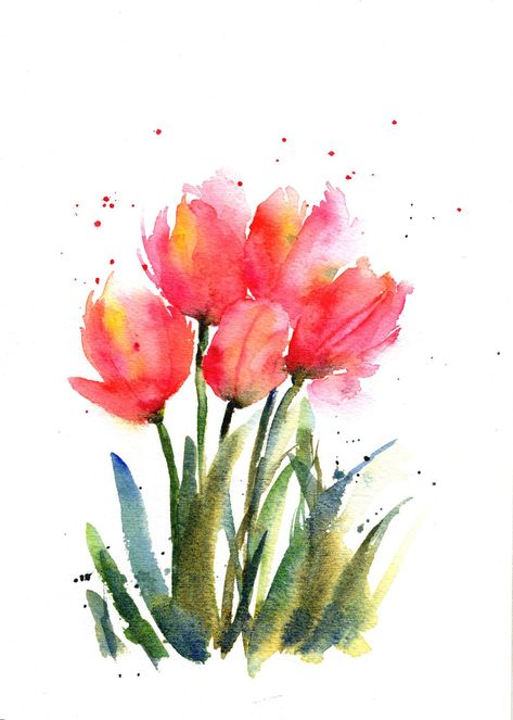 Spring Artwork, Loose Watercolor Flowers, Tulips Spring, Watercolor Flowers Tutorial, Floral Watercolor Paintings, Watercolor Tulips, Watercolour Inspiration, Original Watercolor Art, Watercolor Flower Art