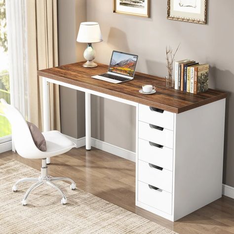 47-inch Computer Desk with 5-drawer, Wood and Metal Writing Desk for Study Living Room - Bed Bath & Beyond - 39915383 Brown Home Office, Office Desk With Storage, Simple Computer Desk, Small Office Desk, Study Table Designs, Wood Computer Desk, Modern Computer Desk, Desk Size, Desk With Storage