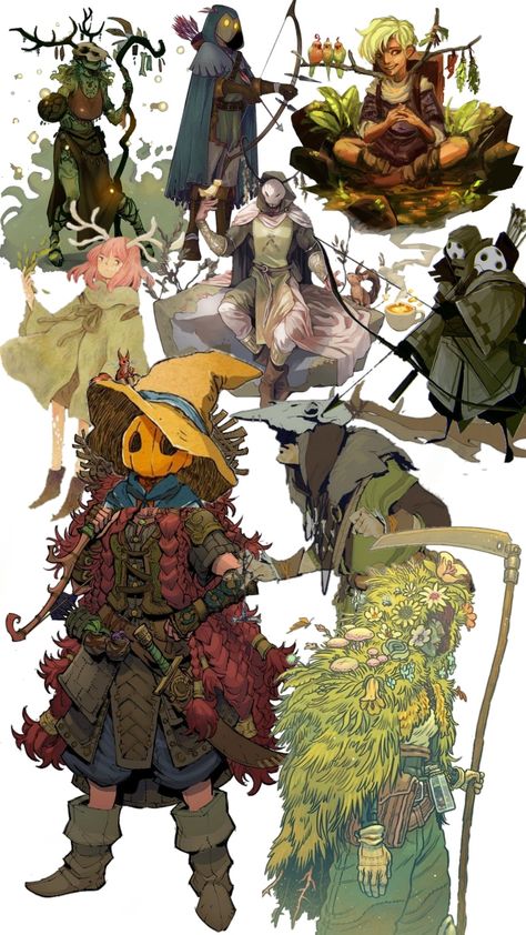 Green Witch Fantasy Art, Forager Character Design, Moss Character Design, Feywild Aesthetic Clothes, Character Design Non Human, Mondstadt Clothing Style, Forest People Art, Three Characters Pose, Woodland Character Design