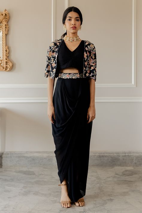 Buy Paulmi and Harsh Black Pre-stitched Saree Set With Cape Online | Aza Fashions Indowestern Outfits Women, Black Georgette Dress, Black Indo Western Dress, Indo Western Dress Party Wear, Party Wear Dresses Western, Paulmi And Harsh, Pre Stitched Saree, Sarees Black, Indo Western Outfits For Women