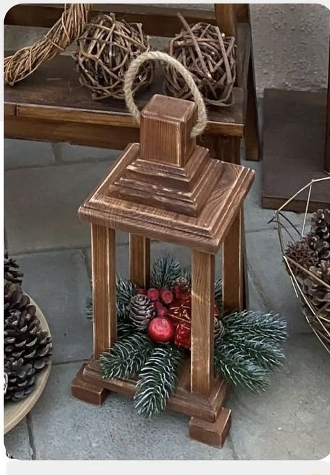 Lantern Decor Living Room, Wooden Lantern Decor, Diy Wooden Lantern, Christmas Lanterns Diy, Wood Candle Lantern, Lantern Christmas Decor, Rustic Wood Lanterns, Wooden Lantern, Front Door Christmas Decorations