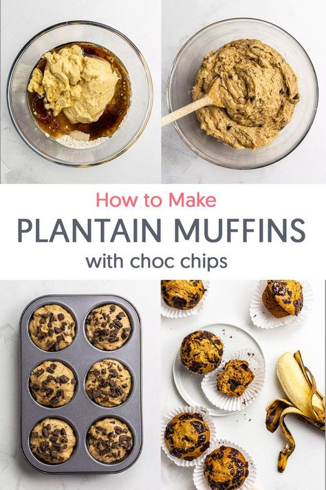 These plantain muffins are a must-try for all banana muffins lovers — still egg-free and vegan. Add in dark chocolate chips and sweet cinnamon for extra yum, and enjoy them with a creamy latte. Plantain Dessert Recipes, Plantain Muffins, Vegan Plantain, Muffins With Chocolate Chips, Mashed Plantains, Baked Plantains, Muffins With Chocolate, Cooking Bananas, Vegan Egg Replacement