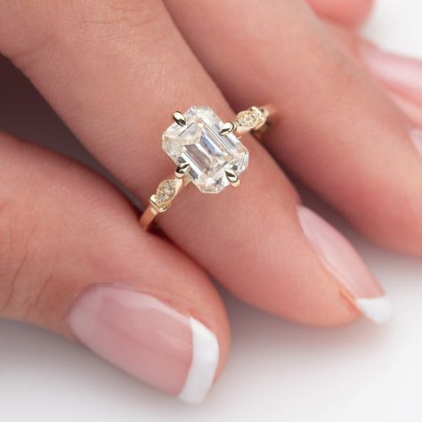 Antique Emerald Cut Ring, Emerald Cut Engagement Ring Cathedral, Unique Emerald Cut Ring, Antique Emerald Cut Engagement Rings, Antique Emerald Cut Diamond Rings, Emerald Cut Engagement Ring With Band, Unique Emerald Cut Engagement Rings, Vintage Emerald Cut Engagement Ring, Art Deco Engagement Ring Emerald