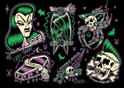 Sol Rac: Flash SOURPUSS Clothing Psychobilly Art, Sourpuss Clothing, Rock N Roll Art, Cover Art Design, Psychobilly, Album Cover Art, Little Monsters, Memento Mori, Body Painting