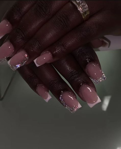 French tip with diamonds French Tip Nails With Diamonds, Diamond French Tip Nails, French Tip With Diamonds, Deep French Tip Nails, White Homecoming Nails, Short French Tip Nails, Glitter French Tips, Colorful Nail, Stylish Nails Designs