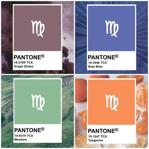 4 Pantone color swatches. Grape Shake purple, Baja Blue, meadow green, tangerine orange. Virgo Color Palette, Virgo Decor, Virgo Jupiter, Virgo Colors, Jupiter Color, Virgo Outfits, Virgo Aesthetic, Venus In Virgo, Virgo Goddess