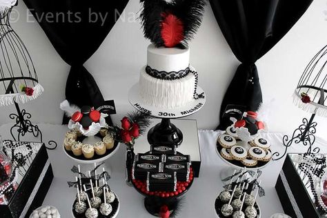 Roaring 1920's Black, White and Red Dessert Table | CatchMyParty.com Roaring 20s Birthday Party, Roaring 20s Birthday, Red Desserts, Buffet Dessert, 20s Party, Roaring 20s Party, 20th Birthday Party, 1920s Party, Cakes And Desserts