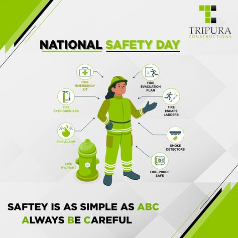 National safety day is celebrated to increase the awareness of all the guidelines of safety measures, including road safety, workplace safety, the safety of human health, as well as the environment. Tripura Constructions wishes you Happy National safety day National Safety Day Creative Ads, National Safety Day, Safety Workplace, Evacuation Kit, Safety Week, National Safety, Drawing Competition, Emergency Evacuation, World Days