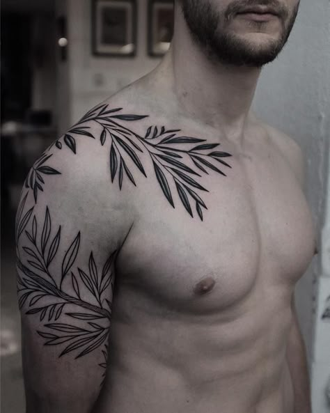 Mens Vines Tattoo, Men’s Leaf Tattoo, Leaf Wrap Around Tattoo Bicep, Plant Tattoo Sleeve Men, Nature Arm Tattoo For Men, Mens Pec Tattoos, Vine Sleeve Tattoo Men, Men’s Vine Tattoo, Foliage Tattoo Men