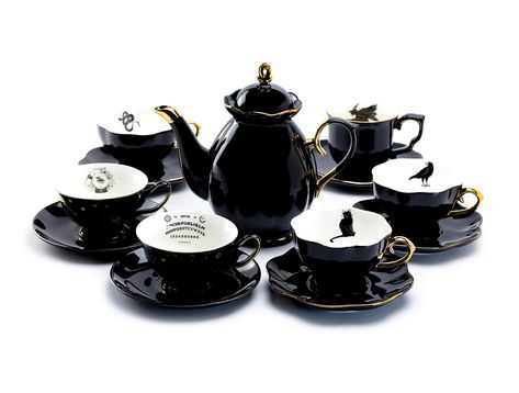 PRICES MAY VARY. Each set includes - 1 Black Gold Scallop Teapot with 6 Assorted Halloween Tea Cup and Saucer Sets (Cat, Raven, Snake, Ouija, Witchy Crystal Ball, Flying Witch - one of each Teapot Dimension: 8.25” Height x 9" Width x 5” Depth Capacity - 40oz Cup Dimension (Cat, Raven, Snake): 3.25” Height x 5” Width x 4" Depth Capacity - 7.5oz Saucer Diameter: 6.25" Cup Dimension(Ouija, Witchy Crystal Ball): 2.75” Height x 5” Width x 4" Depth Capacity - 7oz Saucer Diameter: 6" Cup Dimension(Flyi Paper Tea Cups, Halloween Tea Party, Gifts For Female Friends, Funny Gifts For Women, Flying Witch, Goth Home Decor, Porcelain Teapot, Tea Cup And Saucer, Tea Cup Set