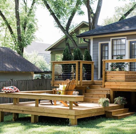 Two Tier Backyard Decks, Backyard Elevated Deck Ideas, Small Back Deck Designs, Craftsman Deck Ideas, Layered Deck Ideas, Split Level House Deck Ideas, Two Tiered Deck Ideas, Small Front Deck Ideas Entrance, Elevated Deck Designs