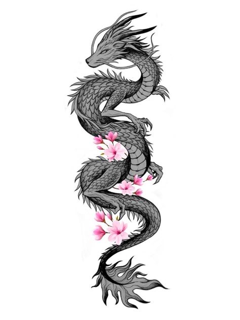 Chinese Dragon Spine Tattoos For Women, Snake Dragon Tattoos For Women, Floral Dragon Spine Tattoo, Dragon Tattoo Designs For Women Cherry Blossoms, Woman’s Dragon Tattoo, Dragon And Flower Spine Tattoo, Dragon Down Spine Tattoo, Japanese Dragon Flower Tattoo, Long Dragon Tattoo Design