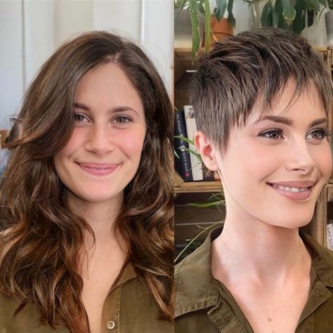 Short Summer Haircuts, Fly Bra, Long Pixie Cut, Layered Pixie Haircuts, Long Hair Cut Short, Pixie Haircut Ideas, Before And After Haircut, Longer Pixie Haircut, Bob Haircut Curly