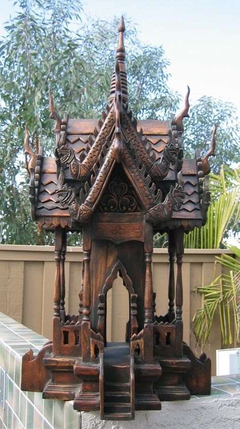 Thai Spirit House...brought two of these back from Thailand.  Can't wait to finish working on the landscaping so we can find the perfect placement for these. Spirit House, Thai House, Wood House, Asian Design, Thai Art, Asian Decor, Ceramic Houses, Bird Cages, Fairy Houses