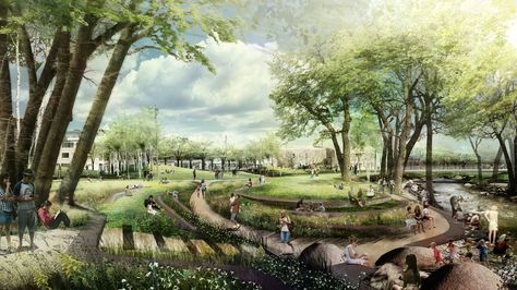 Boulder Civic Area | TLS Landscape Architecture Water Factory, Desain Lanskap, Landscape Architecture Design, River Park, Urban Park, Bike Path, Architecture Rendering, Parking Design, Urban Spaces