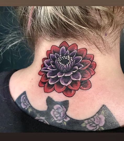 Black dahlia by Michael Barnhill at Canvas in Charlotte NC Neo Traditional Dahlia Tattoo, Dahlia Traditional Tattoo, Black Dahlia Tattoo, Dahlia Flower Tattoos, Dahlia Tattoo, Tattoos 2023, Cowboy Tattoos, Cool Arm Tattoos, Sleeve Ideas