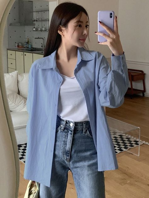 Blue Casual Collar Long Sleeve Cotton Striped Shirt Embellished Non-Stretch Spring/Fall Women Clothing Outfits With Blouses Casual, Long Sleeve Business Casual, Blue Chemise Outfit, Blue Casual Outfits For Women, Business Casual Outfits Korean, Korean Shirt Outfit Women, Outfits Camisa Azul, Blue Button Up, Chemise Bleu Outfit