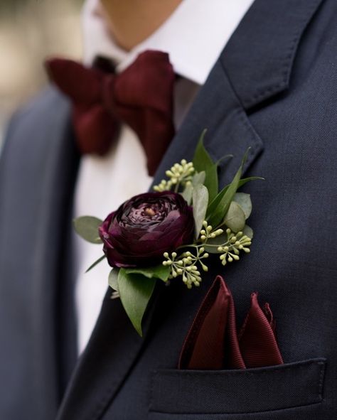 Groom In Suit, Pocket Boutonniere, Moody Christmas, Dapper Grooms, Violet Wedding, Modern Groom, Plum Wedding, February Wedding, Maroon Wedding