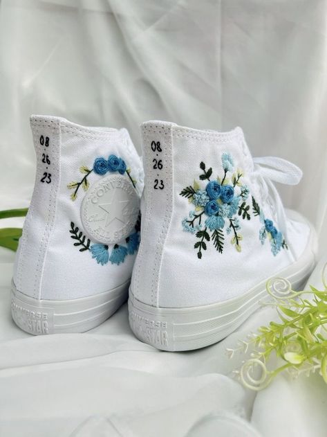 Embroidered Converse Embroidery Converse Wedding, Blue Wedding Converse, Embroidered Converse Wedding, Embroidered Converse Low Top, Bridal Converse Shoes, Prom Sneakers, Converse Flowers, Embroidered Wedding Shoes, Embroidered Converse High Tops