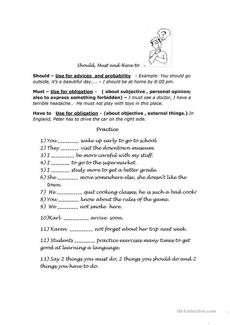 Should, Must and Have to - English ESL Worksheets Subjective Vs Objective, Abc Order Worksheet, 9th Grade English, Exponent Worksheets, Efl Teaching, Creative Ideas For Kids, English Tenses, Modal Verbs, English For Beginners