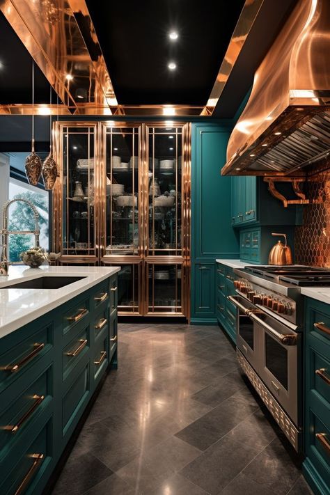 Copper In Kitchen, Fun Kitchens, Copper Kitchen Faucets, Teal And Copper, House Moodboard, Kitchen Color Palettes, Copper Kitchen Utensils, Copper Kitchen Decor, Turquoise Kitchen