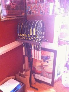 Turned a keyboard stand into a tennis racket holder. Used pipe insulation that was laying around in storage to keep the rackets from slidin... Tennis Racket Storage Ideas, Tennis Racket Storage, Racket Storage, Home Music Rooms, Music Rooms, Keyboard Stand, Pipe Insulation, A Keyboard, Badminton Racket