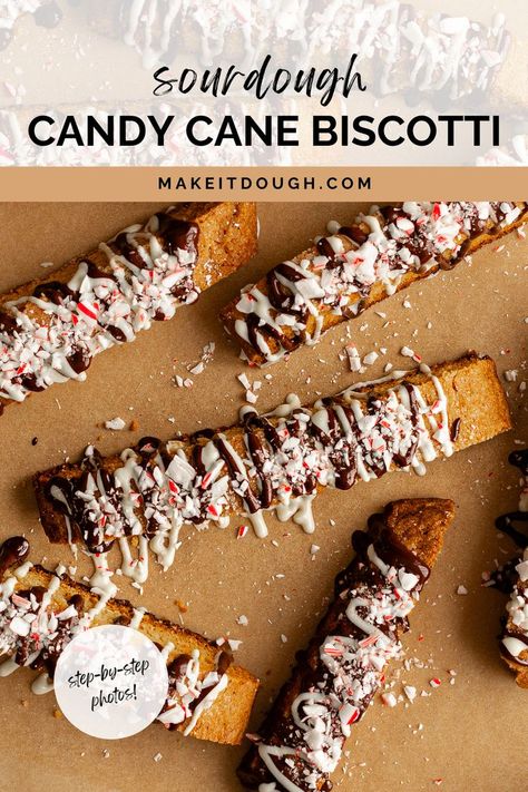 Get festive with this easy homemade sourdough peppermint biscotti recipe, filled with bits of dark chocolate, white chocolate, and crushed candy canes. Crisp and perfect for dipping, these biscotti make a beautiful addition to holiday dessert tables. Reuse your sourdough discard and bake up a treat to enjoy all season long. Head to makeitdough.com for sourdough recipes and tips! Sourdough Peppermint Scones, Sourdough Spritz Cookies, Sourdough Discard Biscotti Recipes, Sourdough Discard Holiday Recipes, Christmas Sourdough Flavors, Peppermint Sourdough, Sourdough Discard Biscotti, Holiday Sourdough Recipes, Sourdough Christmas Gift