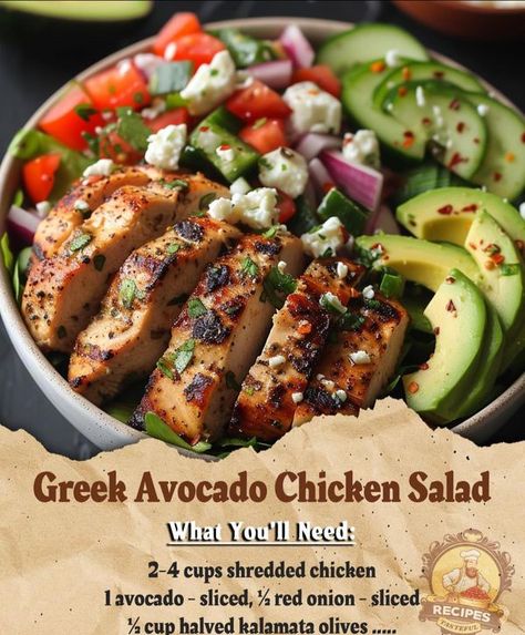 homemade recipes with anna | Greek Avocado Chicken Salad | Facebook Greek Avocado Chicken Salad, Cleanish Eating, Chicken Salad Ingredients, Avocado Chicken, Avocado Chicken Salad, Chicken Avocado, Kalamata Olives, Salad Ingredients, Shredded Chicken