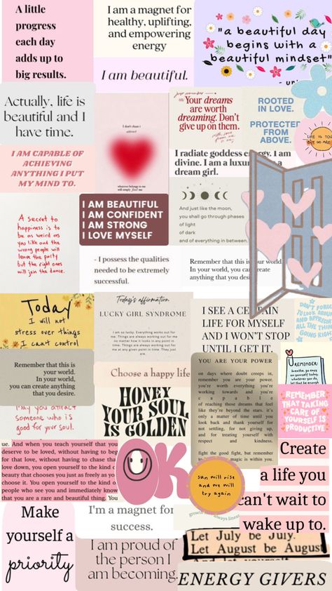 Manifestation positive affirmation mood board Affirmation Mood Board, Affirmation Collage, Motivation Collage, Selfcare Quotes, Chasing Dreams, Goddess Energy, I Am Beautiful, Aesthetic Quotes, Positive Outlook