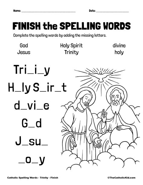 Catholic Spelling & Vocabulary Words Trinity Worksheets - TheCatholicKid.com Catholic Worksheets For Kids, Ccd Activities, Catholic Kids Activities, Religion Activities, Blessed Trinity, Trinity Catholic, Catholic Homeschool, Catholic Education, Activity Sheets For Kids