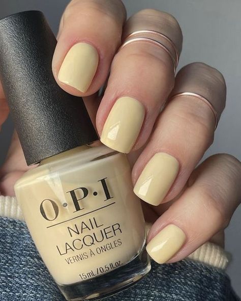 Opi Buttafly Yellow, Spring Nails 2024 Yellow, Yellow Nail Polish Ideas, Baby Yellow Nails Design, Milky Yellow Nails, Opi Yellow Nail Polish, Yellow Pedicure Ideas, Spring Nail Colors 2024, Butter Yellow Nails