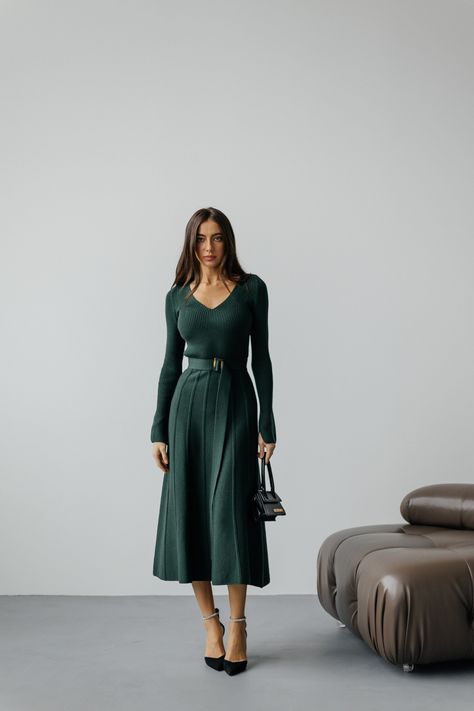 Belted comfy knitted winter dress in Emerald color. Green winter dress. Emerald green warm fall winter sweaterdress with pleated skirt. Material: 80% cotton 20% viscose Colors: Black, Emerald Green, Sage Green, Milky White, Beige Sizes:  XS-S- 115cm S-M-118cm M-L-121 cm L-XL-123 cm Model on the Photo: 173 cm-5.67 feet, S size PRODUCT CARE: - It is recommended to handwash 30oC. -twist carefully  -cotton knit fabric needs gentle care. FREE DELIVERY USA and CANADA. If you need our help in any question or concern, please reach out to us and we will help you out. Undine Muse Team. Winter Sheath Dress, Midi Christmas Dress, Forest Green Winter Outfits, Evergreen Outfits For Women, Sage Green Fall Outfit, Emerald Green Winter Outfit, Winter Office Dress, Dark Green Winter Outfit, Preppy Winter Dresses