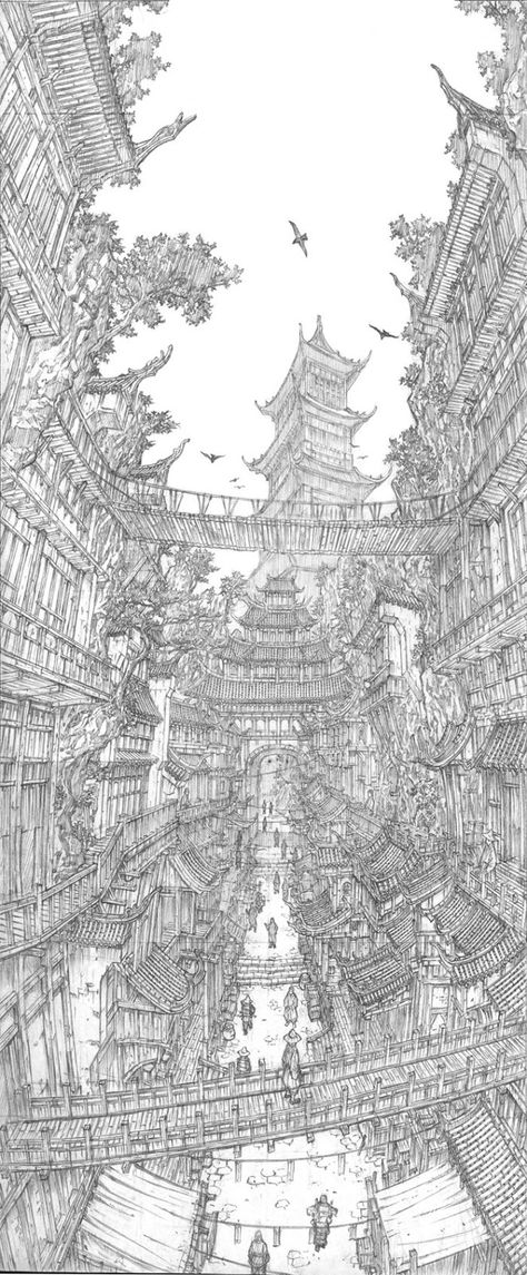 Design Stack: A Blog about Art, Design and Architecture: Architecture in Super Detailed Fantasy Drawings Starověký Egypt, Fantasy Drawings, Have Inspiration, Chengdu, 판타지 아트, Environment Concept Art, Environmental Art, Architecture Drawing, 그림 그리기