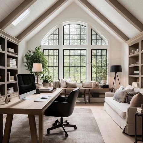 Vaulted Ceiling Ideas, Furniture Office, Vaulted Ceiling, Dream House Decor, Home Office Design, House Inspo, House Inspiration, Home Office Decor, Interior Spaces