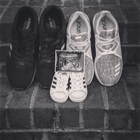 My baby announcement #adidas #baby #Announcement Sneaker Baby Announcement, Baby Announcement Shoes, Creative Baby Announcements, Announcement Pictures, Apothecary Decor, Baby Announcement Pictures, Announcement Photos, Adidas Baby, Baby Announcement Photos