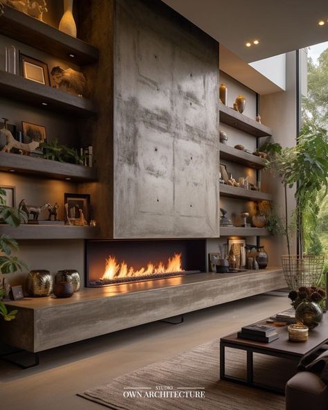 Double Sided Chimney, Modern Industrial Fireplace Ideas, Long Fireplace Ideas, Modern Fireplace With Shelves On Side, Living Room With Modern Fireplace, Unique Home Interior Design, Industrial Fireplace Ideas, Studio With Fireplace, Fireplace Design With Tv