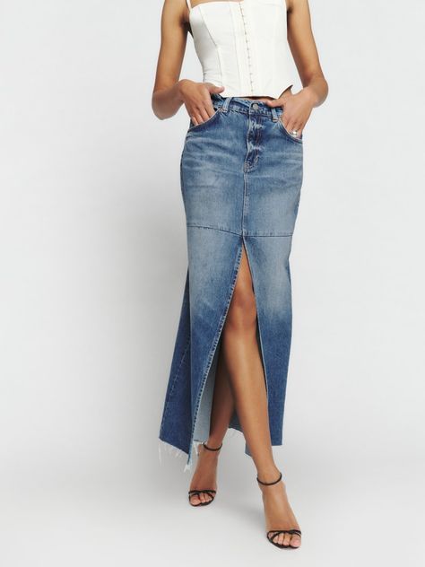 Tazz Maxi Denim Skirt - Sustainable Denim | Reformation Maxi Denim Skirt, Long Denim Skirt, Stretch Denim Fabric, Denim Maxi Skirt, Cropped Denim Jacket, Cropped Denim, Skirts With Pockets, Denim Fabric, Denim Fashion