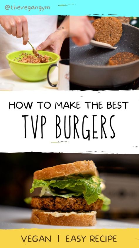 Vegan Tvp Recipes, Tvp Burger, Tvp Burger Recipe, Soy Burger, Homemade Vegan Burgers, Vegan Hacks, Vegan Chickpea Burger, Vegan Burger Patties, Tvp Recipes