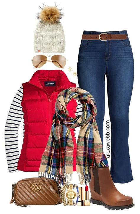 Plus Size Red Puffer Vest Outfits with a striped turtleneck, plaid scarf, bootcut jeans, Gucci crossbody bag, and wedge booties for fall and winter. Alexa Webb Red Vest Outfit, Puffer Vest Outfits, Duck Boots Outfit, Puffer Vest Outfit, Alexa Webb, Red Puffer Vest, Red Puffer, Red Vest, Stripe Outfits