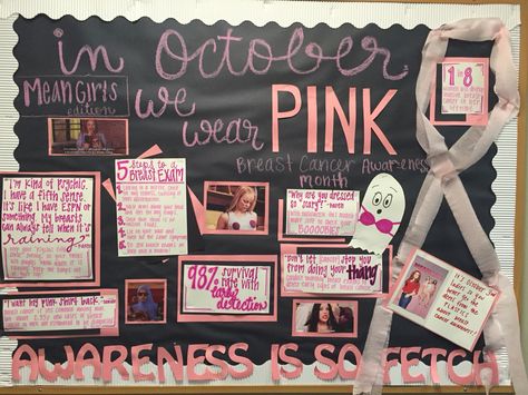 Staff Lounge Awareness Board Ideas, October Bulletin Boards For College, Pink Bulletin Board, Dorm Bulletin Boards, Resident Assistant Bulletin Boards, October Bulletin Boards, College Bulletin Boards, Ra Themes, Work Bulletin Boards