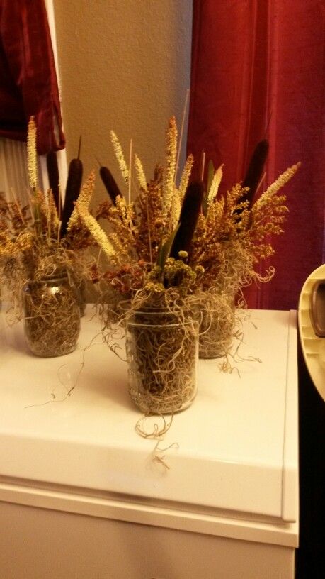 Cat Tail Centerpieces, Cattail Centerpieces, Antler Wedding Centerpieces, Wheat Grass Centerpiece, Moss Centerpieces, Boho Party Decorations, Antler Wedding, Camo Party, Fall Cats