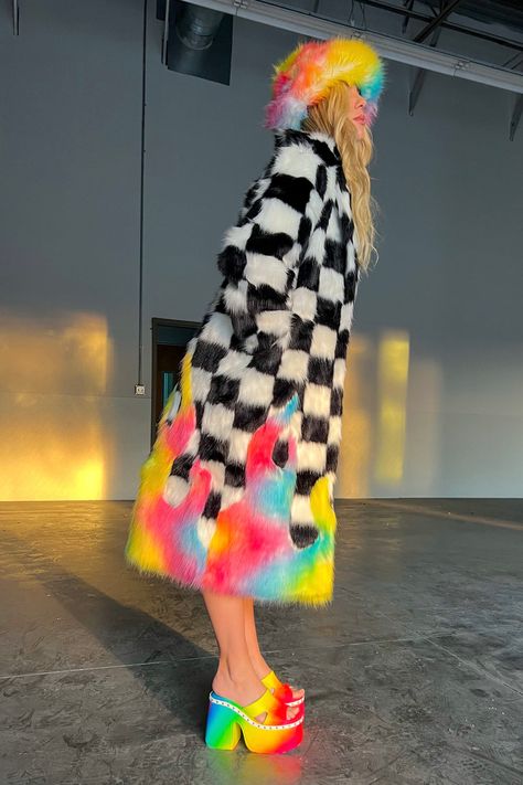 Rainbow Fashion Aesthetic, Space Island, Long Fur Coat, Fur Design, Rave Fashion, Flame Design, Rainbow Fashion, Weird Fashion, Cozy Fits