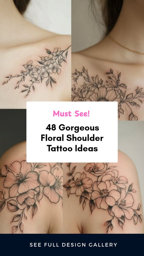 Explore 48 beautiful floral shoulder tattoos for women, showcasing different designs like roses and lilies. This pin highlights elegant tattoo choices using 4 stunning images. Birth Flower Tattoos Shoulder, Shoulder Cap Floral Tattoos For Women, Shoulder Tattoo Designs For Women, Floral Shoulder Tattoos For Women, Floral Shoulder Tattoos, Rose Of Sharon Tattoo, Floral Shoulder Tattoo, Shoulder Tattoo Designs, Shoulder Tattoo Ideas