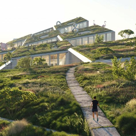 BIG and Castro Group plan "urban fashion village" with hill-like roof Architecture Practice, Urban Housing, Outdoor Path, Hillside Landscaping, Bjarke Ingels, Roof Architecture, Tech Company, Brick Architecture, Green Architecture